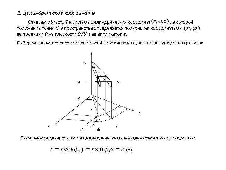 2. Цилиндрические координаты Отнесем область Т к системе цилиндрических координат , в которой положение