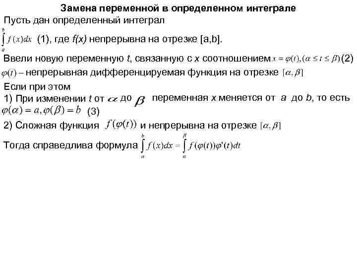 Замена переменной в определенном интеграле Пусть дан определенный интеграл (1), где f(x) непрерывна на