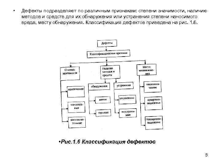  • Дефекты подразделяют по различным признакам: степени значимости, наличию методов и средств для