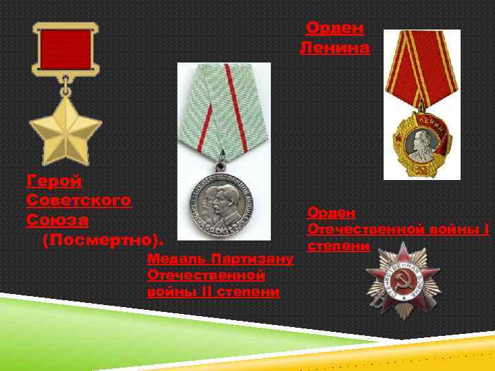Орден Ленина Герой Советского Союза (Посмертно). Медаль Партизану Отечественной войны II степени Орден Отечественной