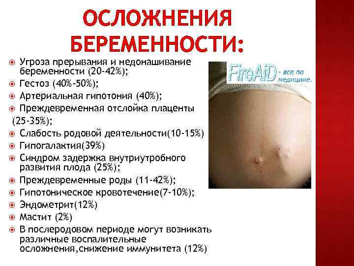 ОСЛОЖНЕНИЯ БЕРЕМЕННОСТИ: Угроза прерывания и недонашивание беременности (20 -42%); Гестоз (40%-50%); Артериальная гипотония (40%);