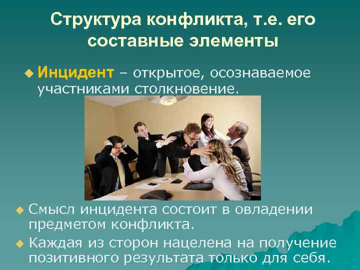 Структура конфликта, т. е. его составные элементы u Инцидент – открытое, осознаваемое участниками столкновение.