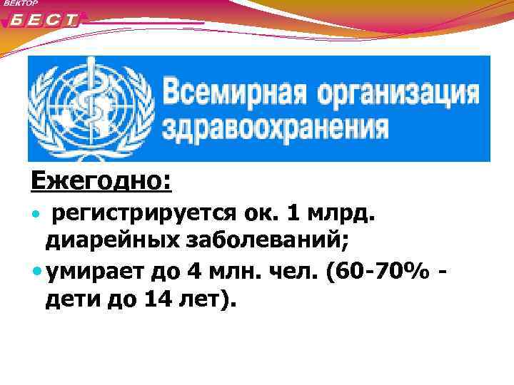 Ежегодно: регистрируется ок. 1 млрд. диарейных заболеваний; умирает до 4 млн. чел. (60 -70%