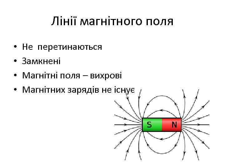 Лінії магнітного поля • • Не перетинаються Замкнені Магнітні поля – вихрові Магнітних зарядів