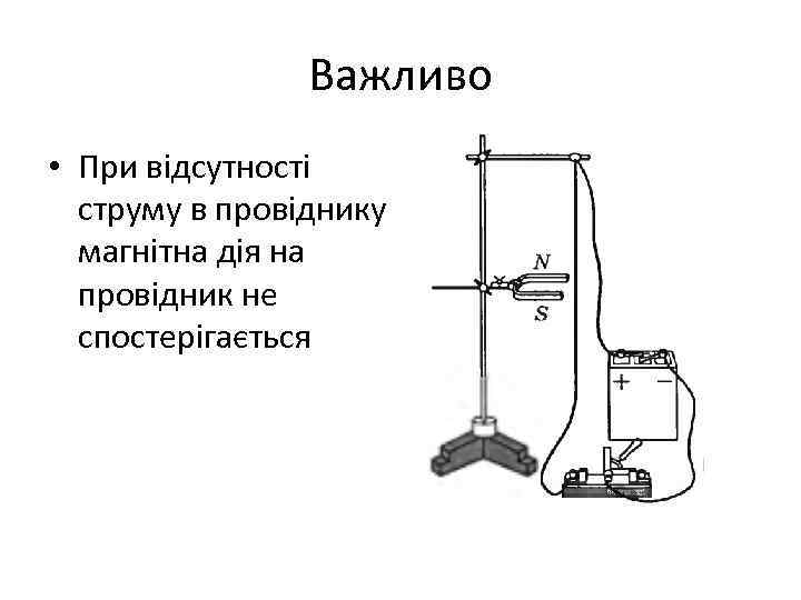 Важливо • При відсутності струму в провіднику магнітна дія на провідник не спостерігається 