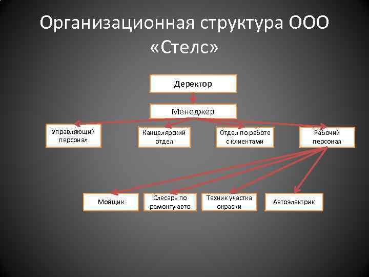 Организационная структура ООО «Стелс» Деректор Менеджер Управляющий персонал Канцелярский отдел Мойщик Слесарь по ремонту