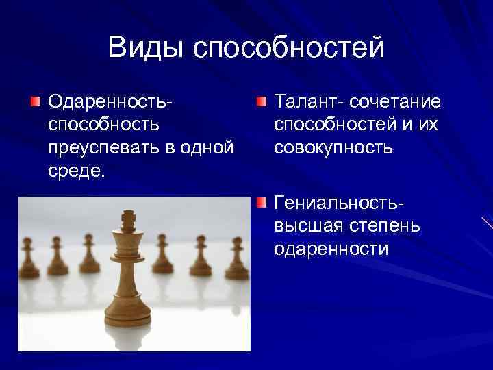 Виды способностей Одаренностьспособность преуспевать в одной среде. Талант- сочетание способностей и их совокупность Гениальностьвысшая