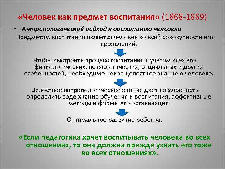  «Человек как предмет воспитания» (1868 -1869) • Антропологический подход к воспитанию человека. Предметом