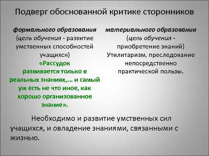 Подверг обоснованной критике сторонников формального образования материального образования (цель обучения - развитие приобретение знаний)