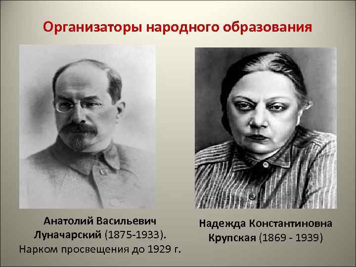 Организаторы народного образования Анатолий Васильевич Луначарский (1875 -1933). Нарком просвещения до 1929 г. Надежда