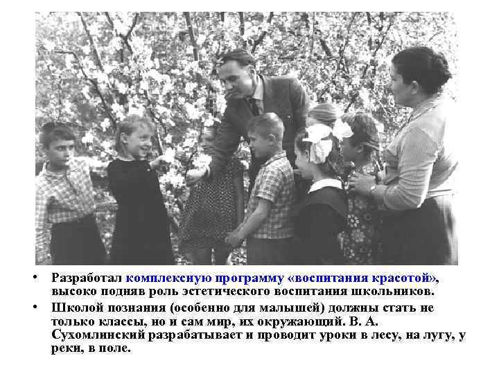  • Разработал комплексную программу «воспитания красотой» , высоко подняв роль эстетического воспитания школьников.