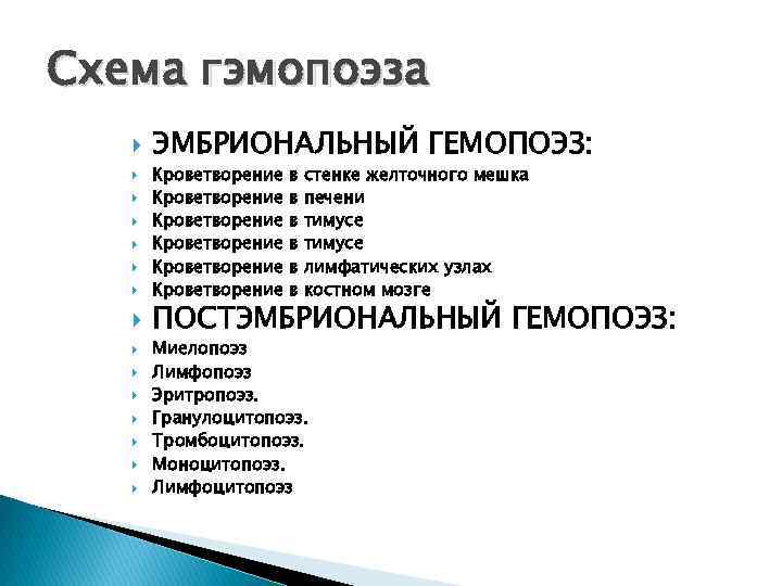Схема гэмопоэза ЭМБРИОНАЛЬНЫЙ ГЕМОПОЭЗ: Кроветворение Кроветворение в в в стенке желточного мешка печени тимусе