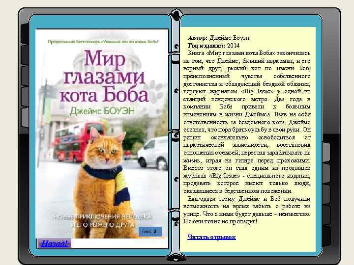 Автор: Джеймс Боуэн Год издания: 2014 1. h Книга «Мир глазами кота Боба» закончилась
