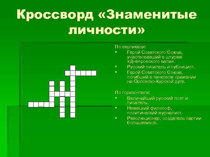 Кроссворд «Знаменитые личности» По вертикали: § Герой Советского Союза, участвовавший в штурме «Днепровского вала»