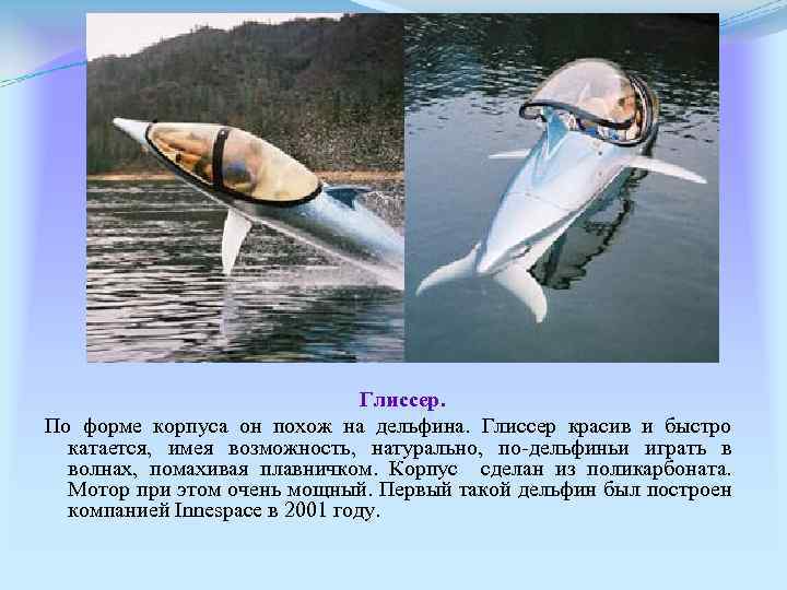 Глиссер. По форме корпуса он похож на дельфина. Глиссер красив и быстро катается, имея