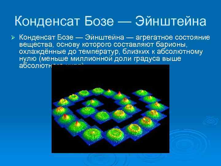 Конденсат Бозе — Эйнштейна Ø Конденсат Бозе — Эйнштейна — агрегатное состояние вещества, основу