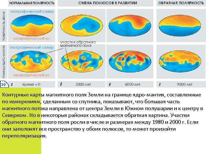 Контурные карты магнитного поля Земли на границе ядро-мантия, составленные по измерениям, сделанным со спутника,