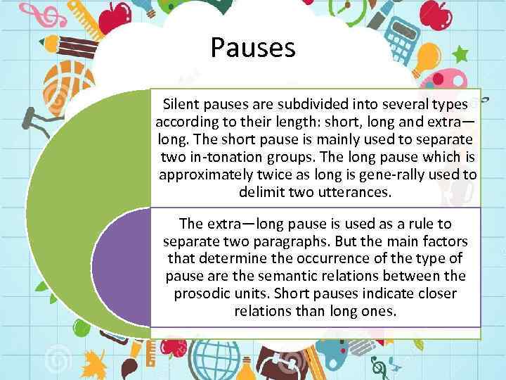 Pauses Silent pauses are subdivided into several types according to their length: short, long