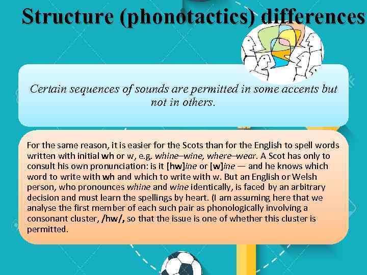 Structure (phonotactics) differences Certain sequences of sounds are permitted in some accents but not