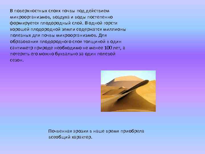 В поверхностных слоях почвы под действием микроорганизмов, воздуха и воды постепенно формируется плодородный слой.