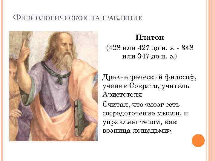 ФИЗИОЛОГИЧЕСКОЕ НАПРАВЛЕНИЕ Платон (428 или 427 до н. э. - 348 или 347 до