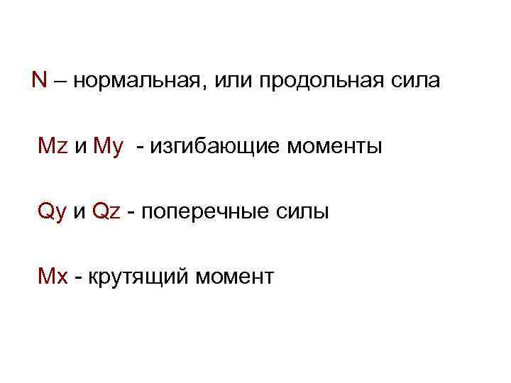 N – нормальная, или продольная сила Mz и My - изгибающие моменты Qy и