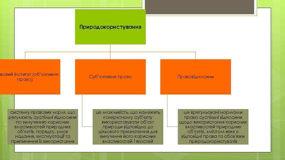 Природокористування авовий інститут (об’єктивне право) систему правових норм, що регулюють суспільні відносини по вилученню