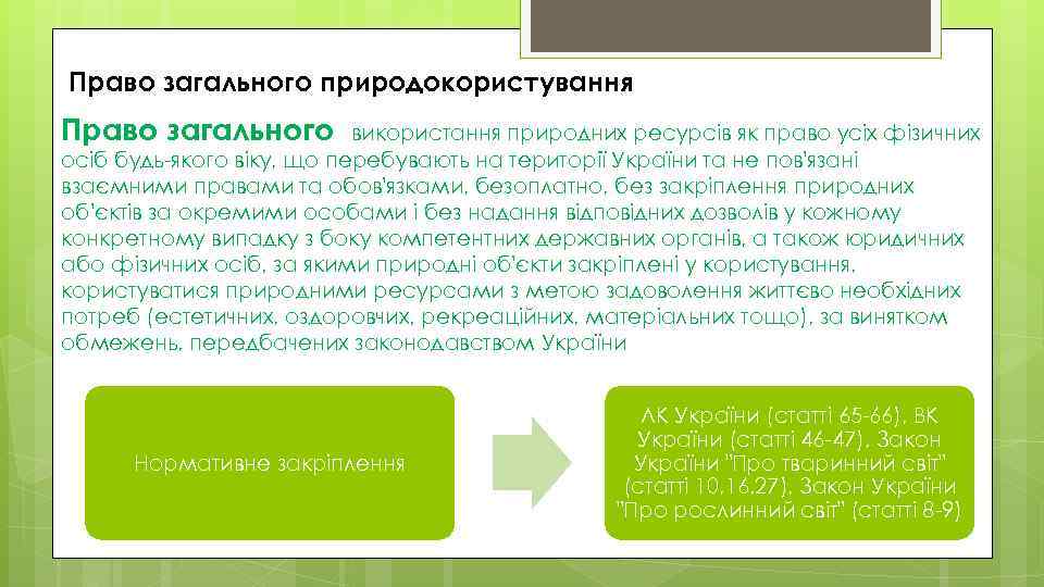 Право загального природокористування Право загального використання природних ресурсів як право усіх фізичних осіб будь-якого