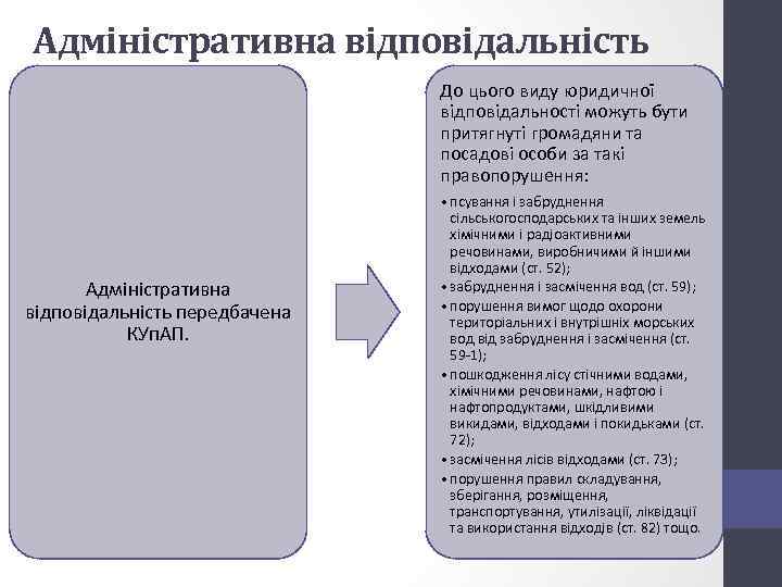 Адміністративна відповідальність До цього виду юридичної відповідальності можуть бути притягнуті громадяни та посадові особи