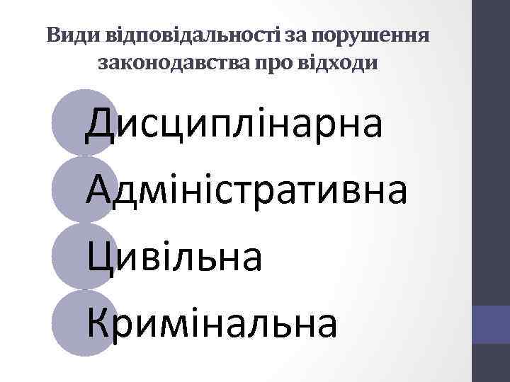 Види відповідальності за порушення законодавства про відходи Дисциплінарна Адміністративна Цивільна Кримінальна 