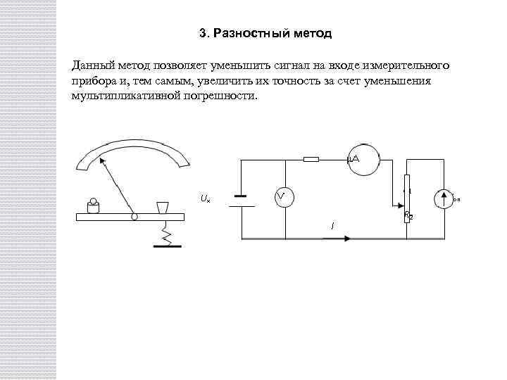 3. Разностный метод Данный метод позволяет уменьшить сигнал на входе измерительного прибора и, тем