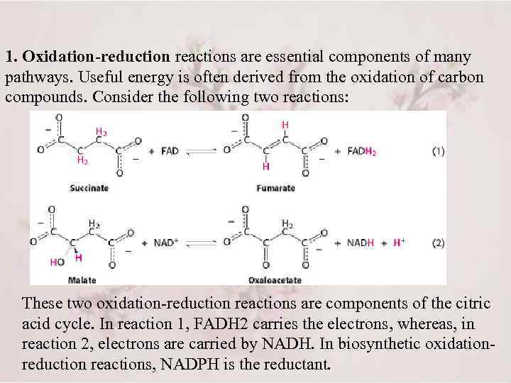 1. Oxidation-reduction reactions are essential components of many pathways. Useful energy is often derived