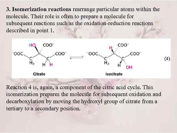 3. Isomerization reactions rearrange particular atoms within the molecule. Their role is often to