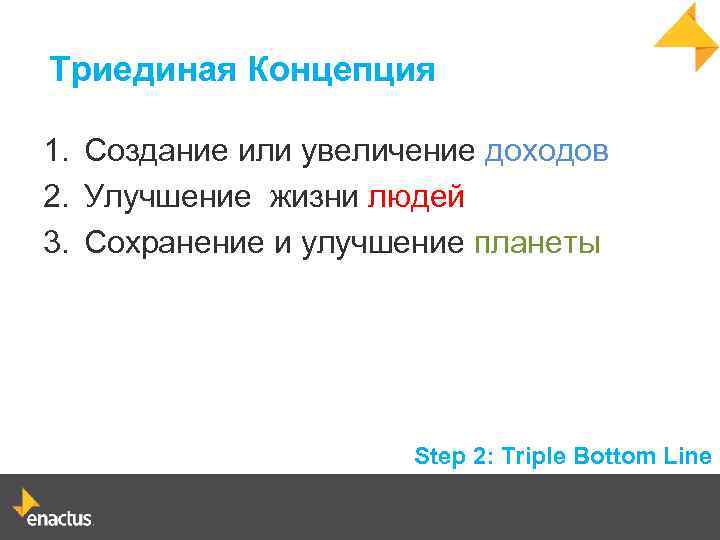Триединая Концепция 1. Создание или увеличение доходов 2. Улучшение жизни людей 3. Сохранение и