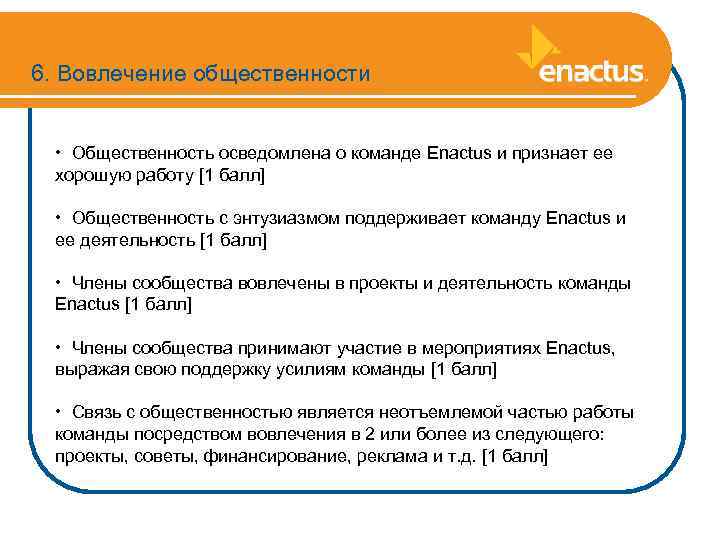 6. Вовлечение общественности • Общественность осведомлена о команде Enactus и признает ее хорошую работу