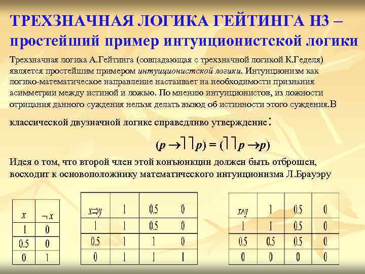 ТРЕХЗНАЧНАЯ ЛОГИКА ГЕЙТИНГА H 3 – простейший пример интуиционистской логики Трехзначная логика А. Гейтинга