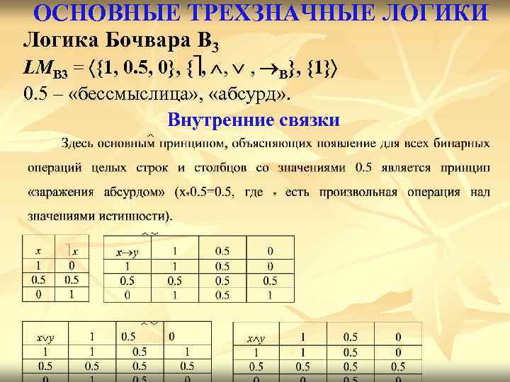 ОСНОВНЫЕ ТРЕХЗНАЧНЫЕ ЛОГИКИ Логика Бочвара B 3 LMB 3 = {1, 0. 5, 0},