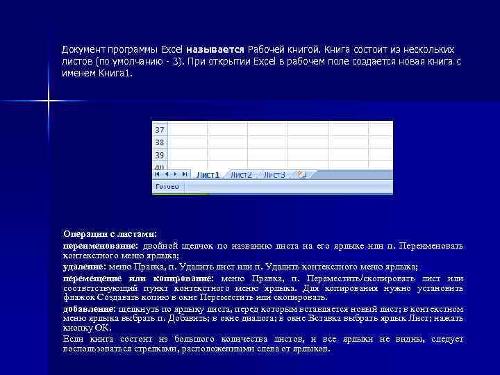 Документ программы Excel называется Рабочей книгой. Книга состоит из нескольких листов (по умолчанию -