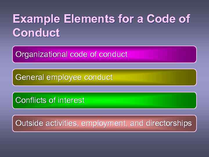 Example Elements for a Code of Conduct Organizational code of conduct General employee conduct