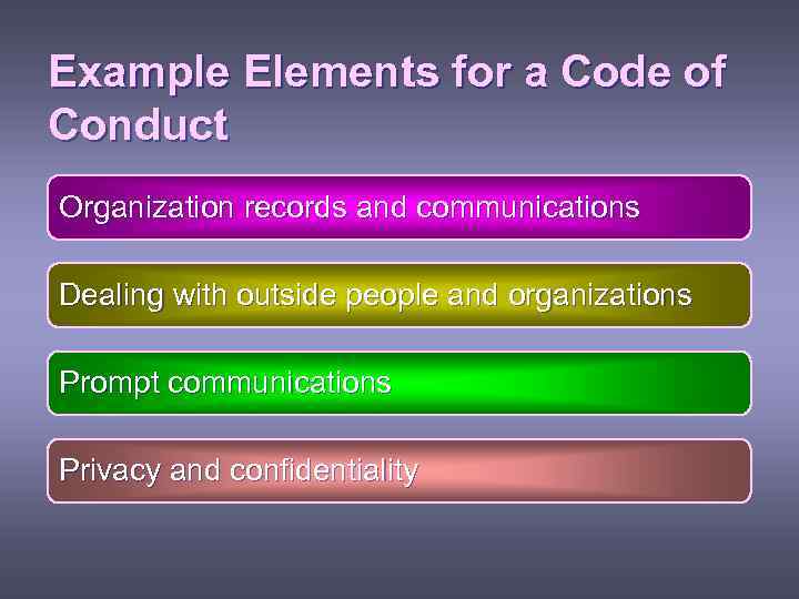 Example Elements for a Code of Conduct Organization records and communications Dealing with outside