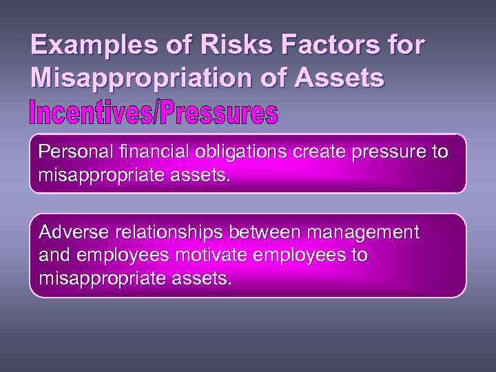 Examples of Risks Factors for Misappropriation of Assets Personal financial obligations create pressure to