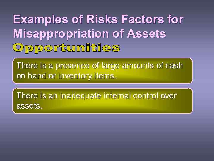 Examples of Risks Factors for Misappropriation of Assets There is a presence of large