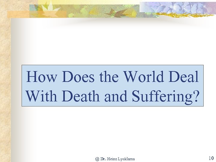 How Does the World Deal With Death and Suffering? @ Dr. Heinz Lycklama 10