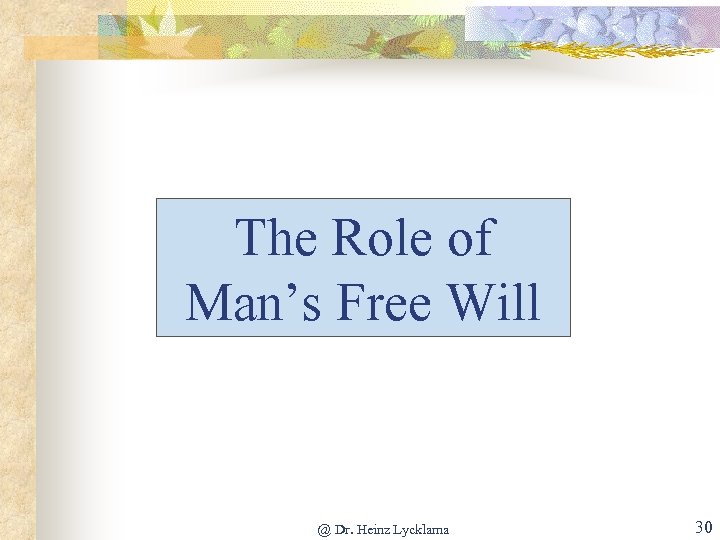 The Role of Man’s Free Will @ Dr. Heinz Lycklama 30 