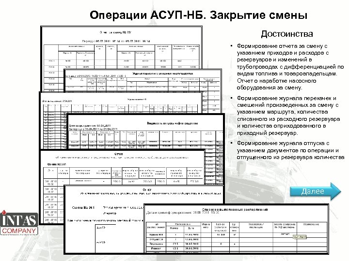 Операции АСУП-НБ. Закрытие смены Достоинства • Формирование отчета за смену с указанием приходов и