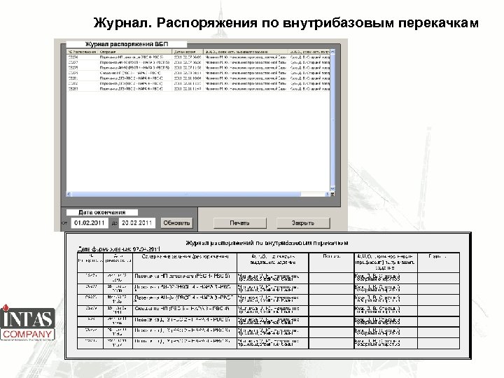 Журнал. Распоряжения по внутрибазовым перекачкам 