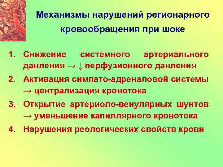 Механизмы нарушений регионарного кровообращения при шоке 1. Снижение системного артериального давления → ↓ перфузионного