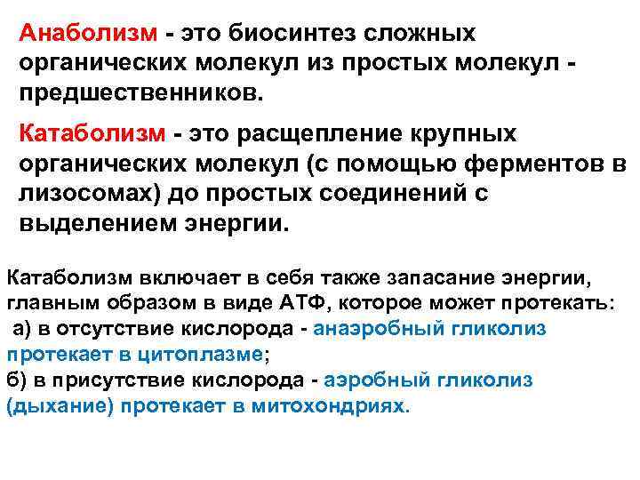 Анаболизм - это биосинтез сложных органических молекул из простых молекул предшественников. Катаболизм - это