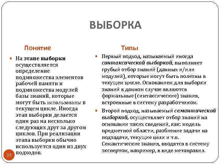 ВЫБОРКА Понятие На этапе выборки 33 осуществляется определение подмножества элементов рабочей памяти и подмножества