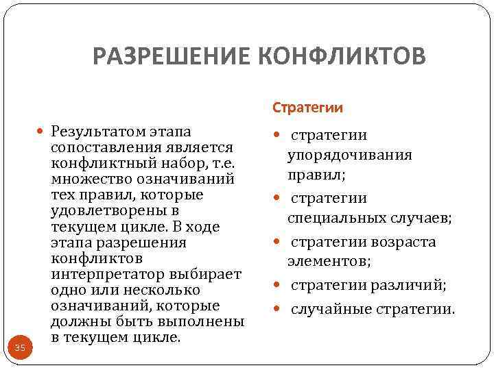 РАЗРЕШЕНИЕ КОНФЛИКТОВ Стратегии Результатом этапа 35 сопоставления является конфликтный набор, т. е. множество означиваний